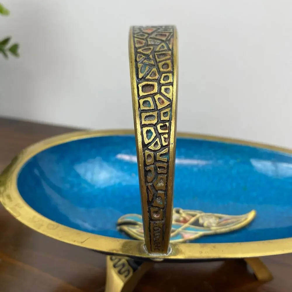Vintage MCM Judaica Brass Blue Enamel Pedestal Bowl Handmade In Israel Decor